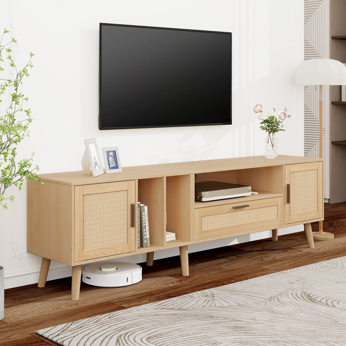 Mid-Century Rattan TV Stand with Cabinets & Shelves