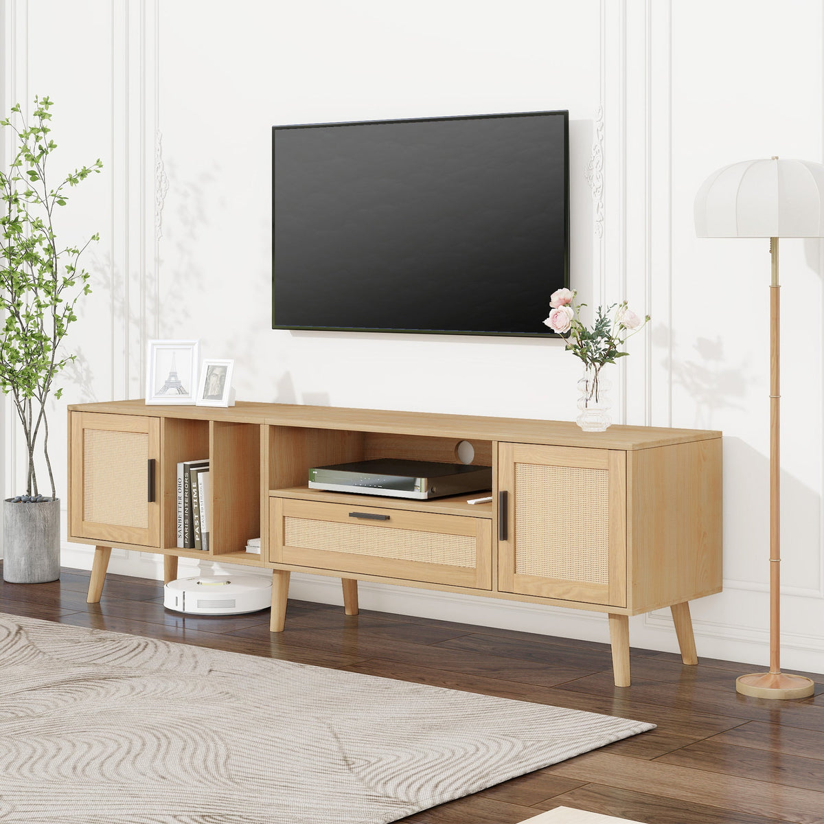 Mid-Century Rattan TV Stand with Cabinets & Shelves