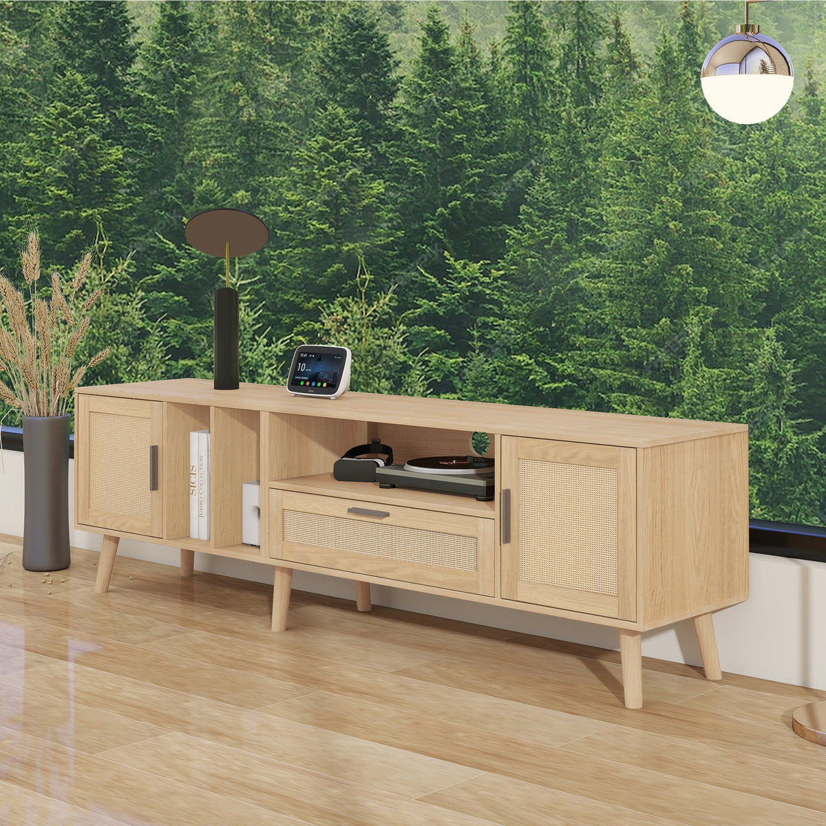 Mid-Century Rattan TV Stand with Cabinets & Shelves
