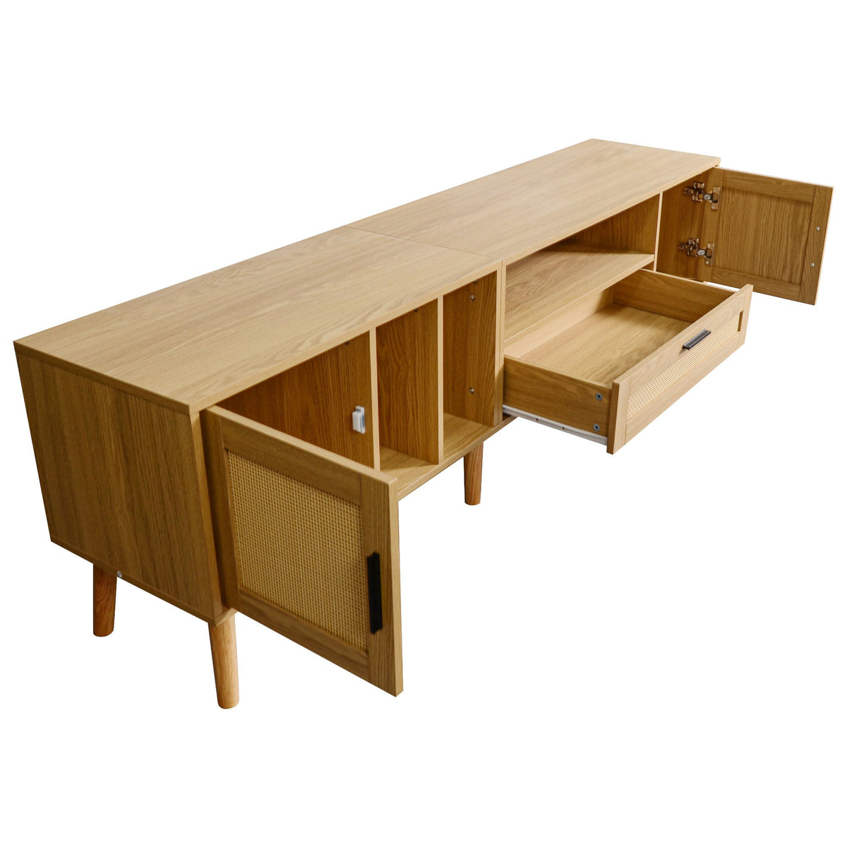 Mid-Century Rattan TV Stand with Cabinets & Shelves