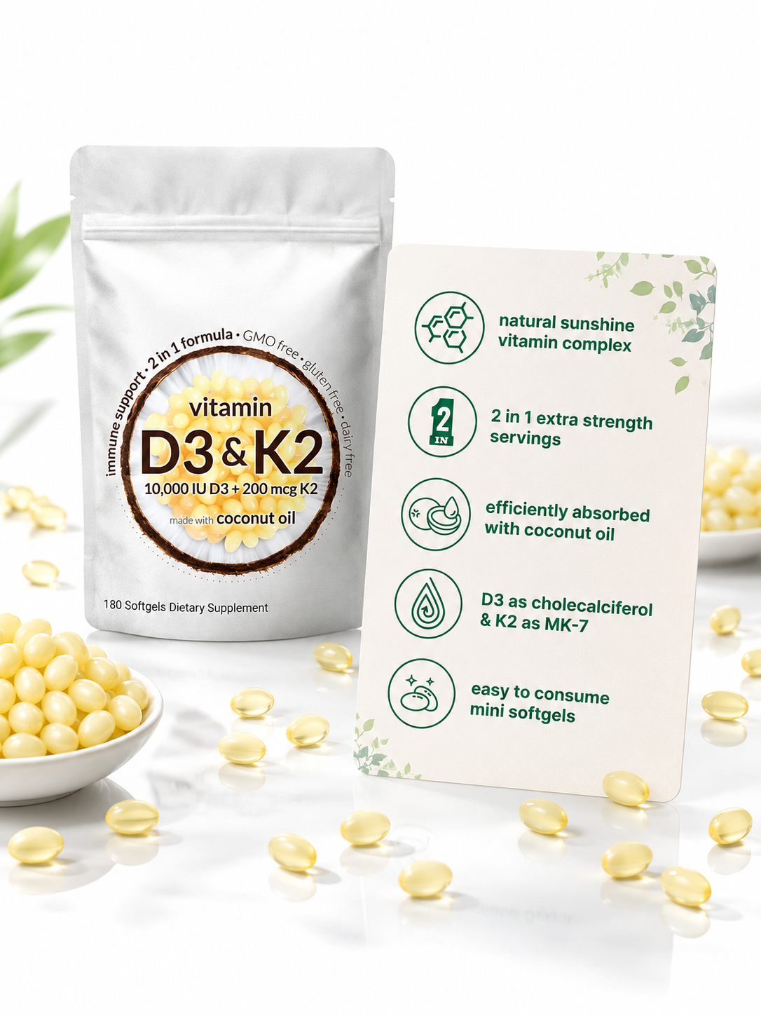 Vitamin D3K2 Softgels – 10,000 IU D3 & 200 mcg K2, 180 Mini