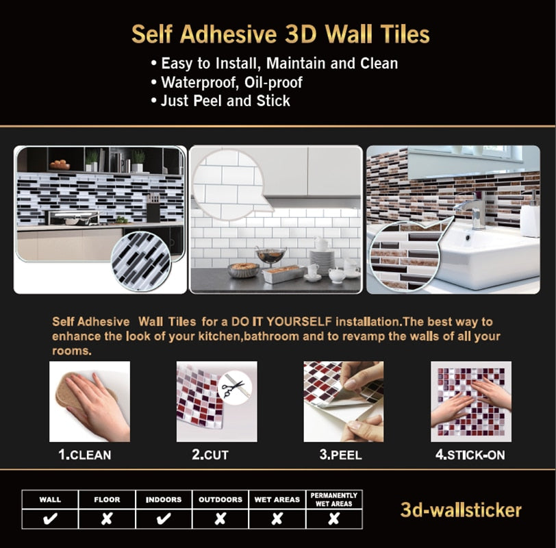 Peel-and-Stick Mosaic Tile Wall Decals | Glossy DIY
