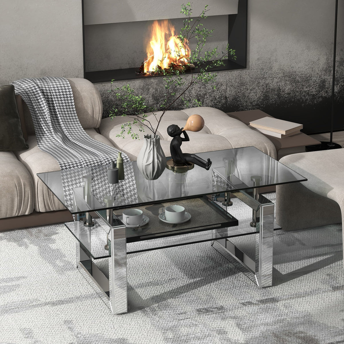 Two-Tier Glass Coffee Table with Mirror Chrome Legs