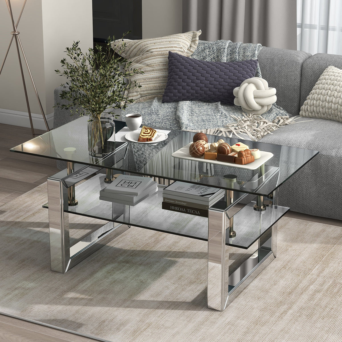 Two-Tier Glass Coffee Table with Mirror Chrome Legs