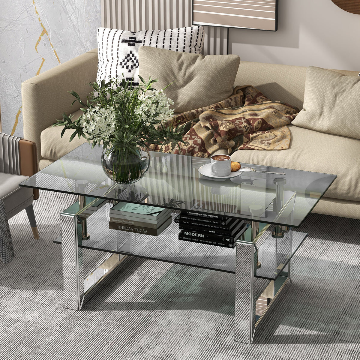 Two-Tier Glass Coffee Table with Mirror Chrome Legs