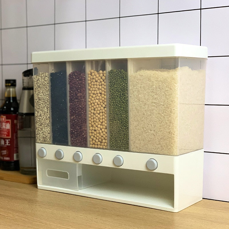 Wall-Mounted Grain Dispenser with Push-Button Portions