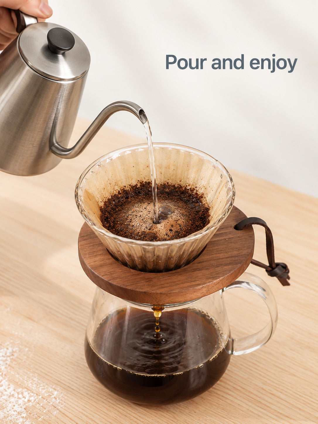 Walnut Pour-Over Coffee Dripper Stand With Glass Cone