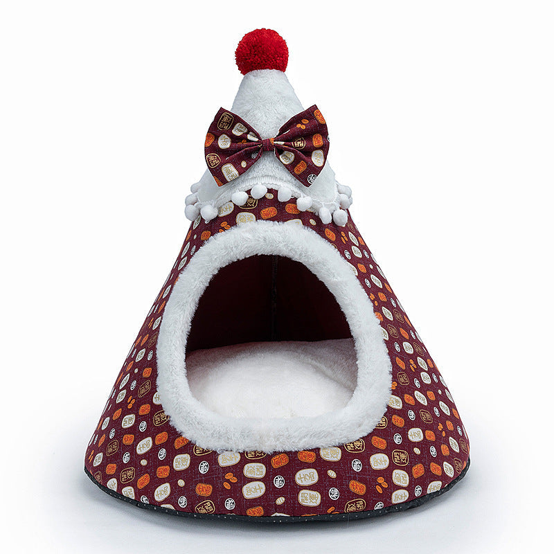 Enclosed Christmas Cat Bed Tent for Cozy Winter Naps