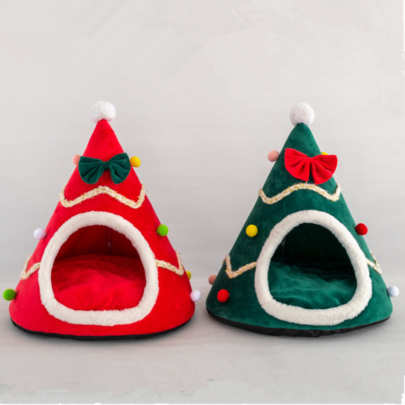 Enclosed Christmas Cat Bed Tent for Cozy Winter Naps
