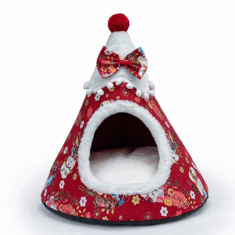 Enclosed Christmas Cat Bed Tent for Cozy Winter Naps