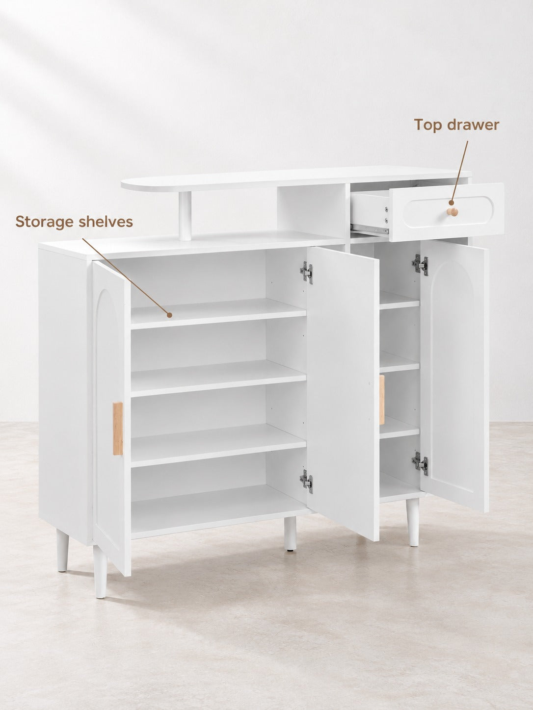 Shoe Cabinet with Arched Doors and Drawers, White Wood