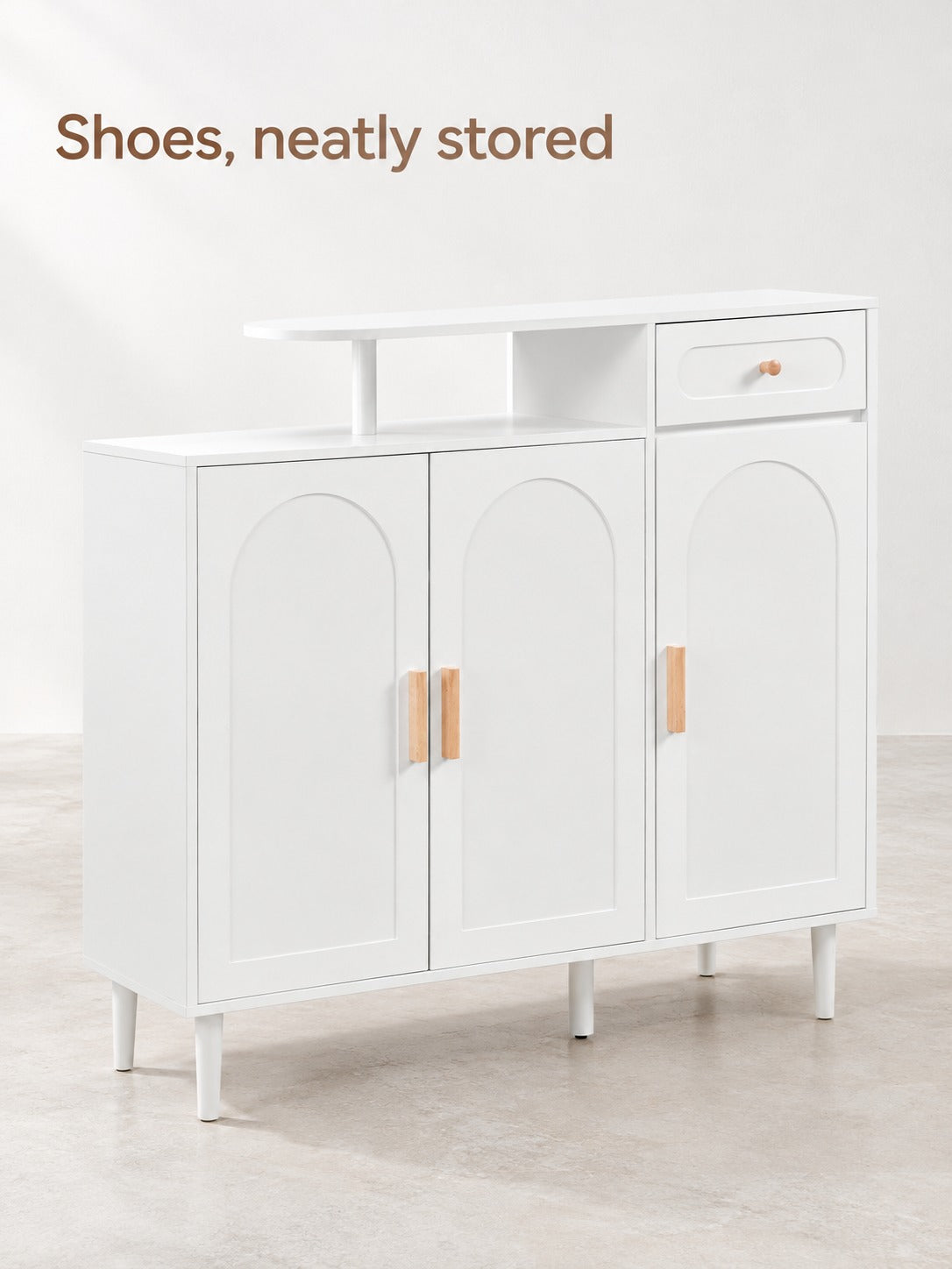 Shoe Cabinet with Arched Doors and Drawers, White Wood