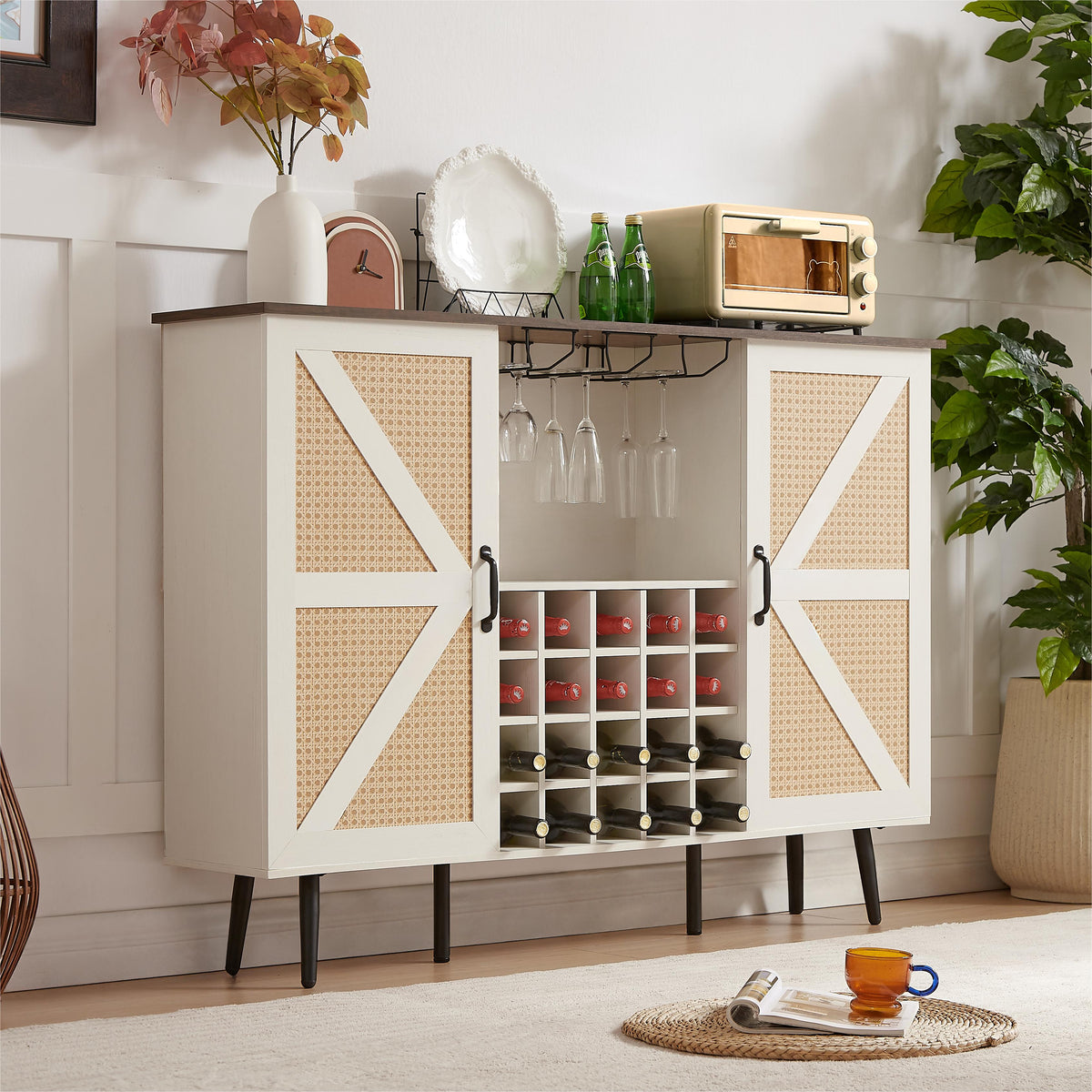 Farmhouse Wine Cabinet with Rack and Glass Storage