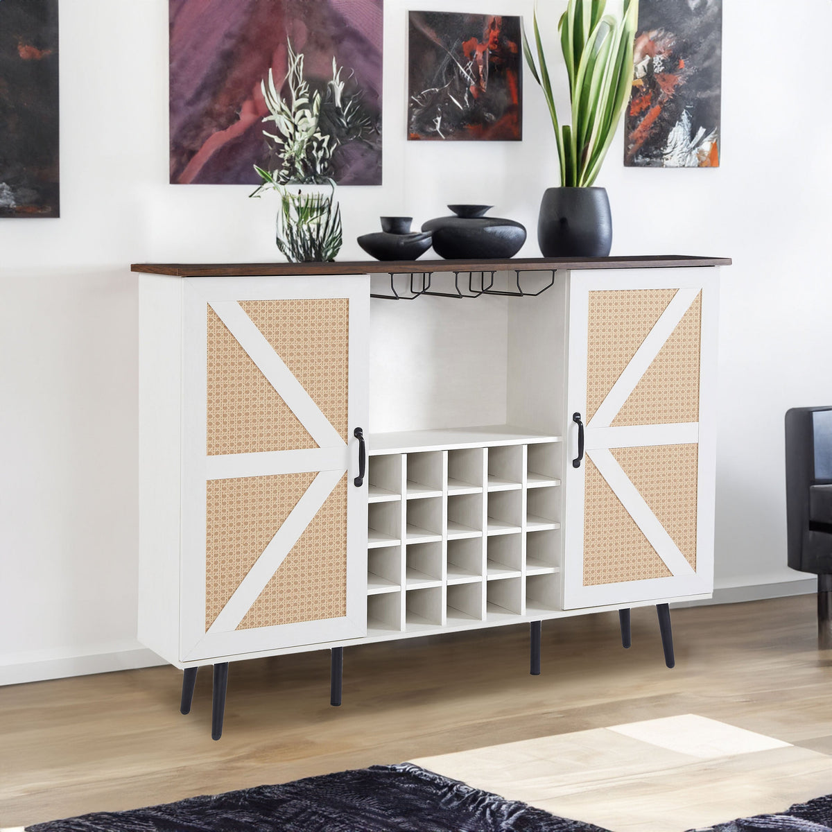 Farmhouse Wine Cabinet with Rack and Glass Storage