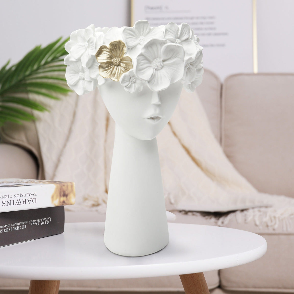 Sculptural Bust Planter with Gold Floral Accent Decor