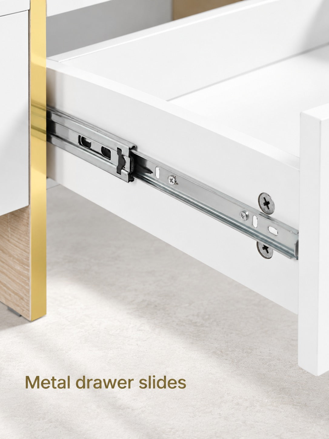 White Sofa Table with 2 Drawers and Gold Metal Trim