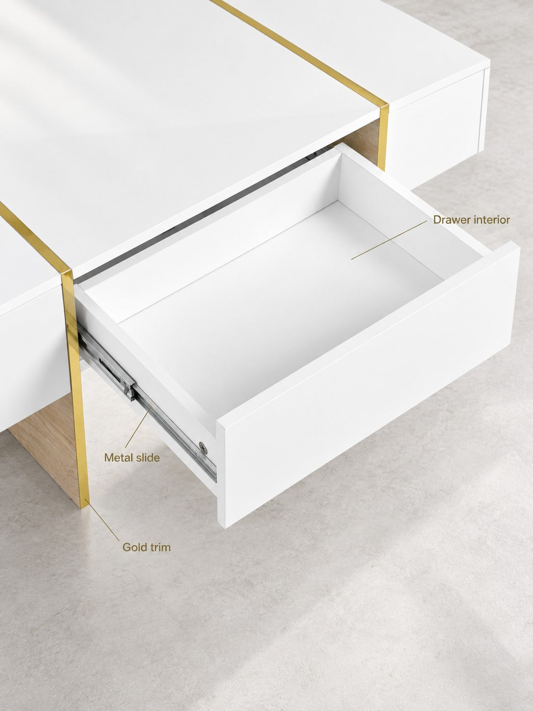 White Sofa Table with 2 Drawers and Gold Metal Trim