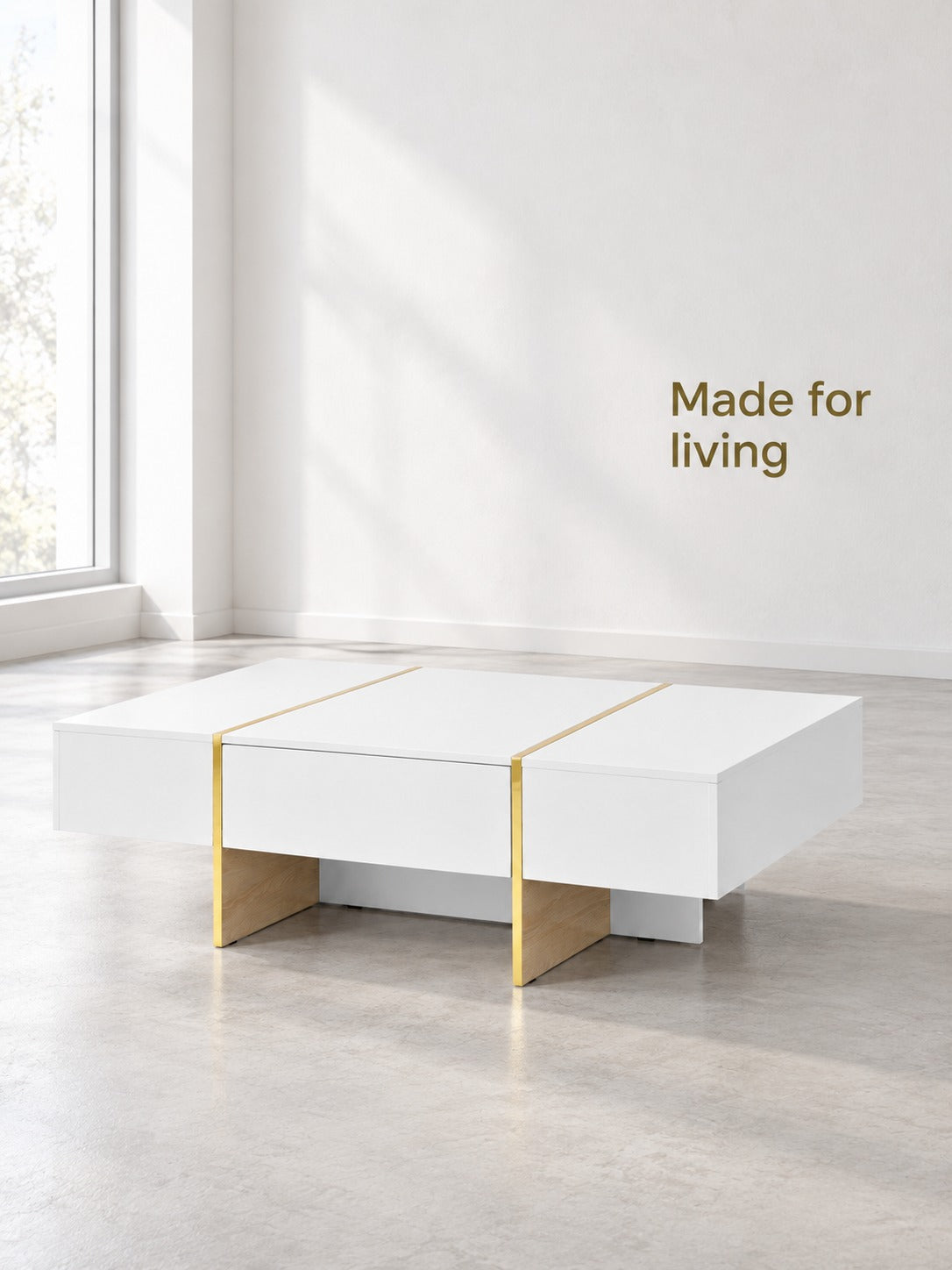 White Sofa Table with 2 Drawers and Gold Metal Trim