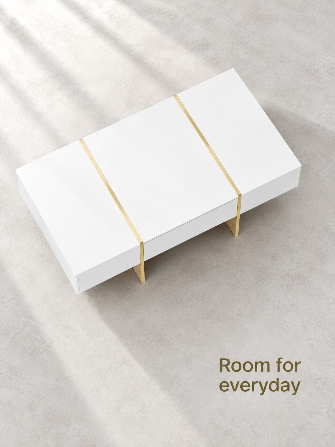 White Sofa Table with 2 Drawers and Gold Metal Trim