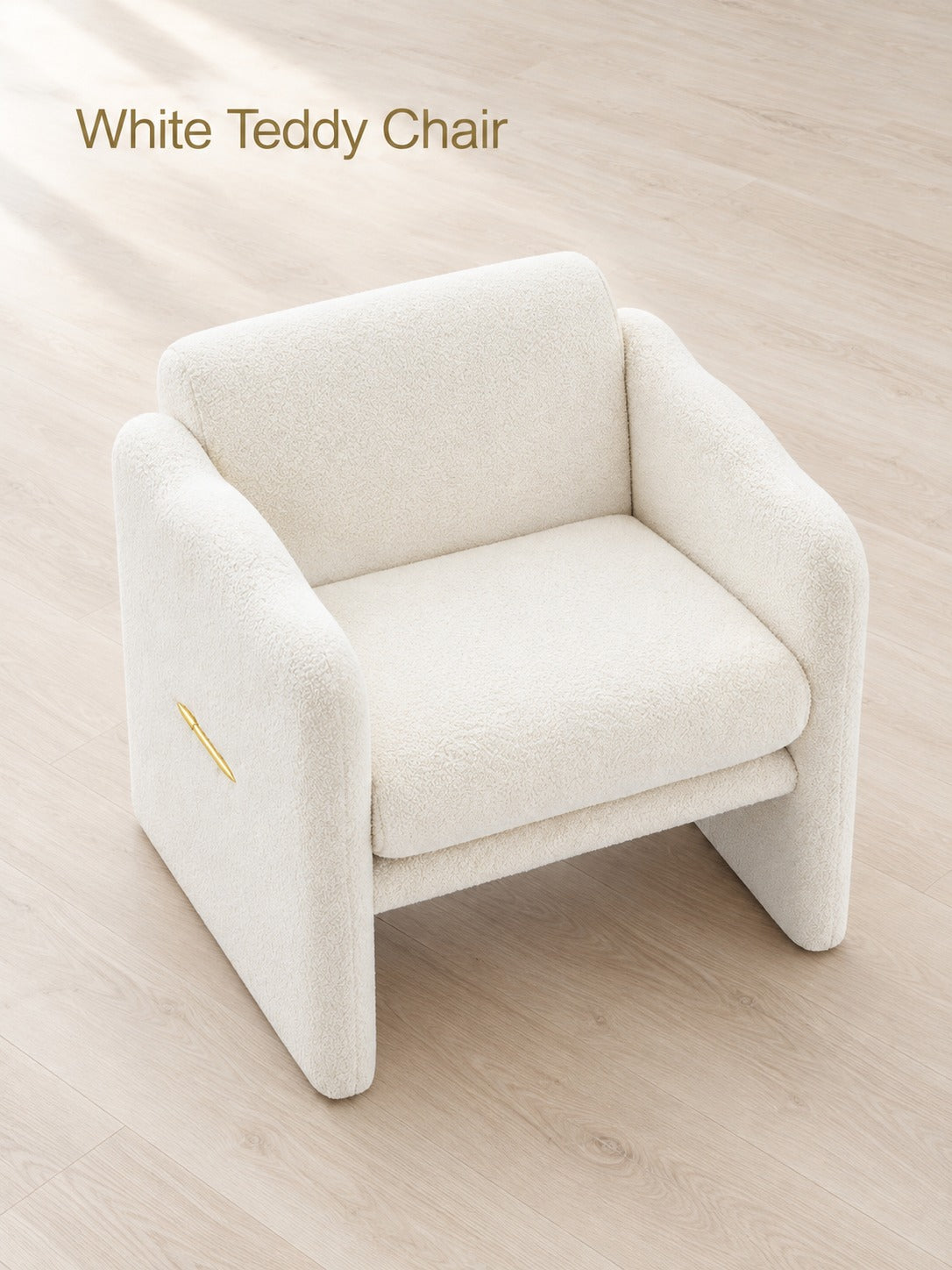 Plush White Teddy Accent Chair with Wavy Gold Armrests