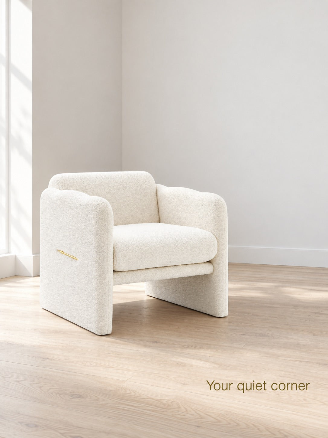 Plush White Teddy Accent Chair with Wavy Gold Armrests
