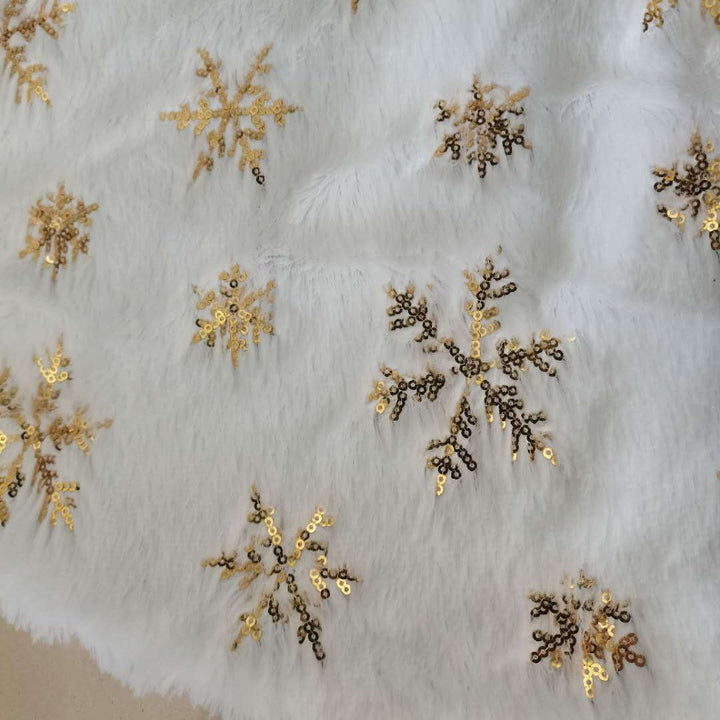 White Plush Christmas Tree Skirt With Gold Snowflakes