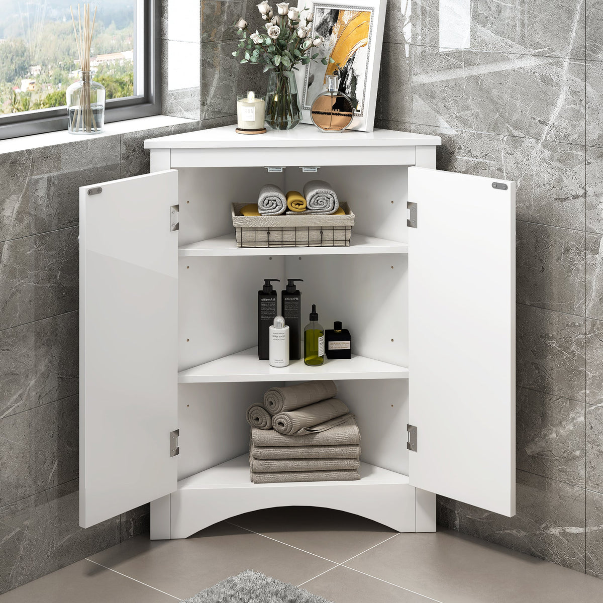Corner Bathroom Storage Cabinet with Adjustable Shelves