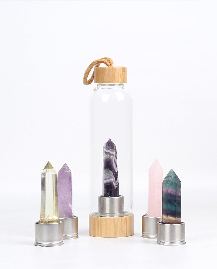 Glass Crystal Water Bottle with Bamboo Lid & Quartz
