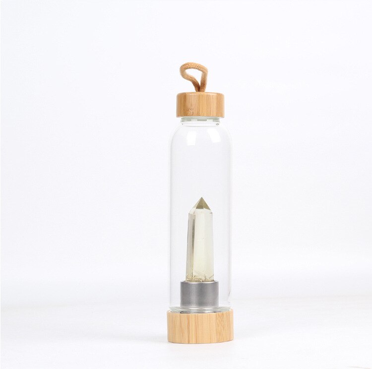 Glass Crystal Water Bottle with Bamboo Lid & Quartz