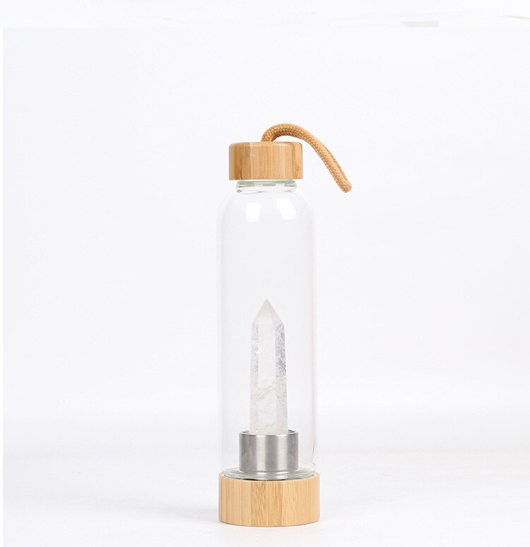 Glass Crystal Water Bottle with Bamboo Lid & Quartz