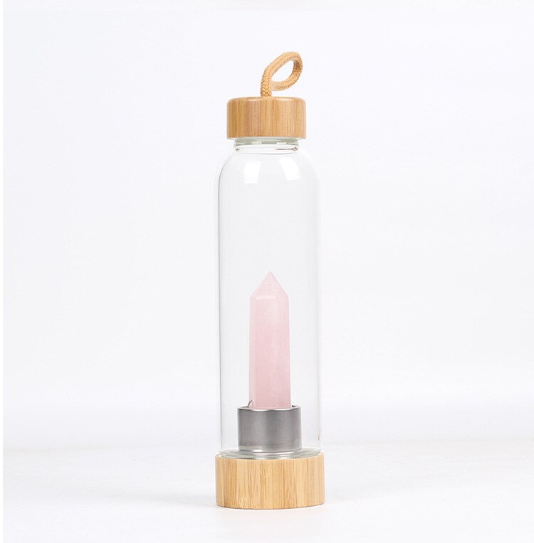 Glass Crystal Water Bottle with Bamboo Lid & Quartz