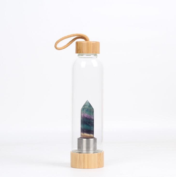 Glass Crystal Water Bottle with Bamboo Lid & Quartz