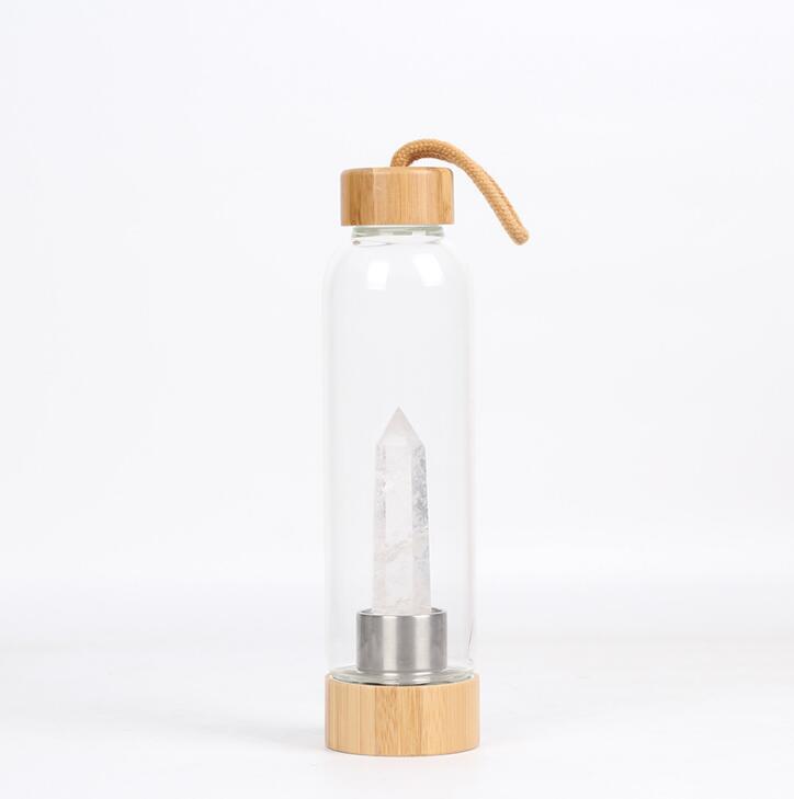 Glass Crystal Water Bottle with Bamboo Lid & Quartz