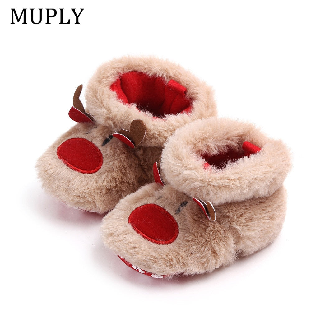 Baby First Walker Shoes – Cozy Plush Reindeer Warmth