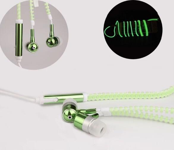 Glow-in-the-Dark Zipper Wired Earphones with Inline Mic