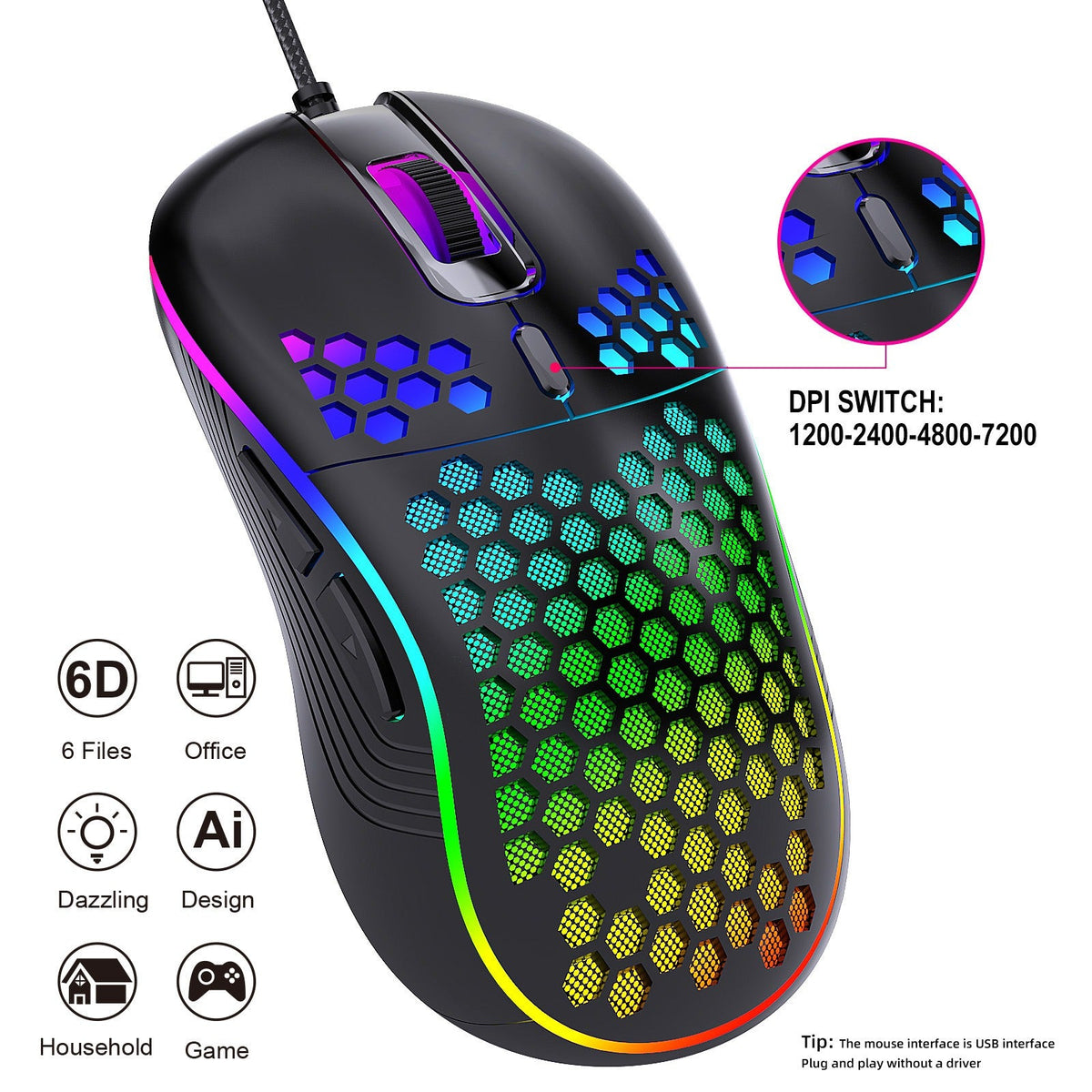 Lightweight Honeycomb Gaming Mouse with RGB Glow