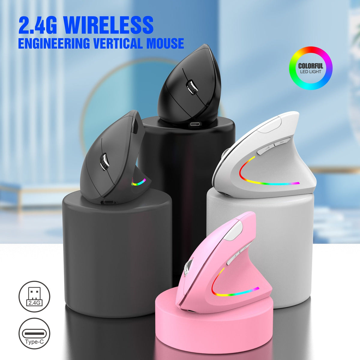 Wireless Vertical Mouse for Wrist Comfort & RGB Glow