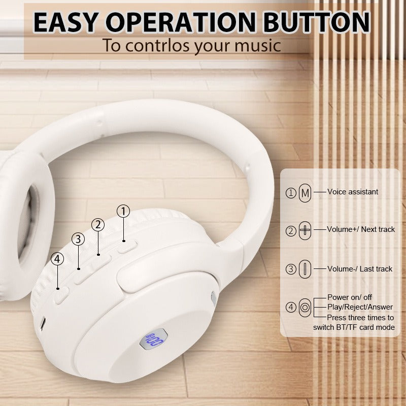 Wireless Headphones with Battery Display & Foldable