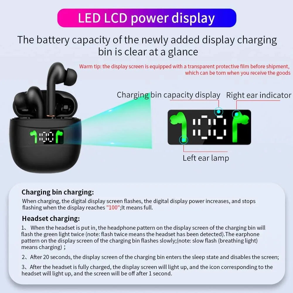 Wireless Earbuds with LED Battery Display and Secure Fit