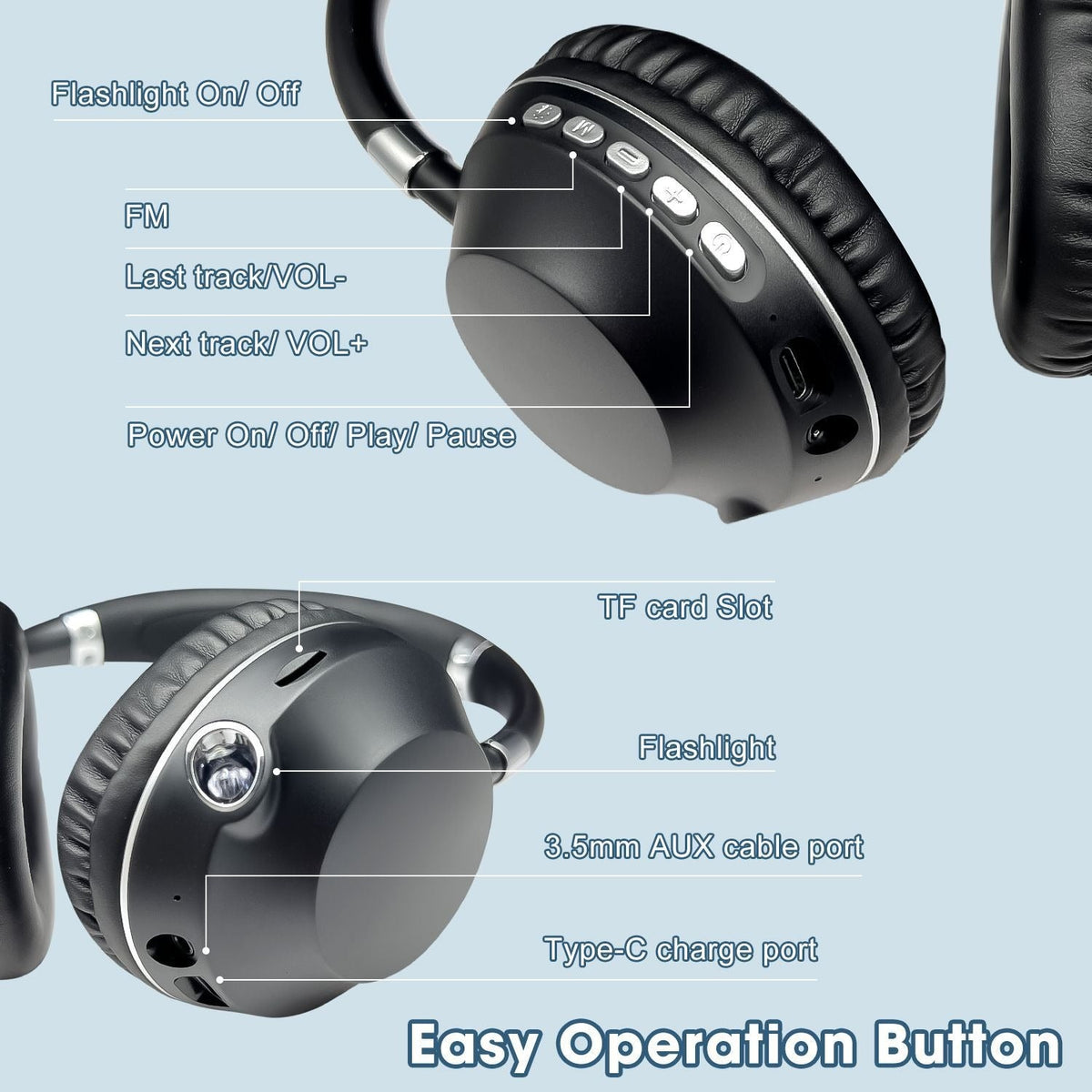 Wireless Bluetooth Headset with Flashlight and FM Radio