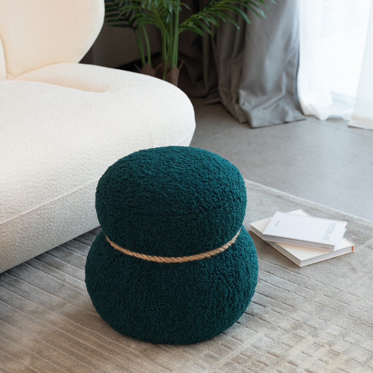 Dark Green Snowman Stool: Plush Boucle Accent Seat
