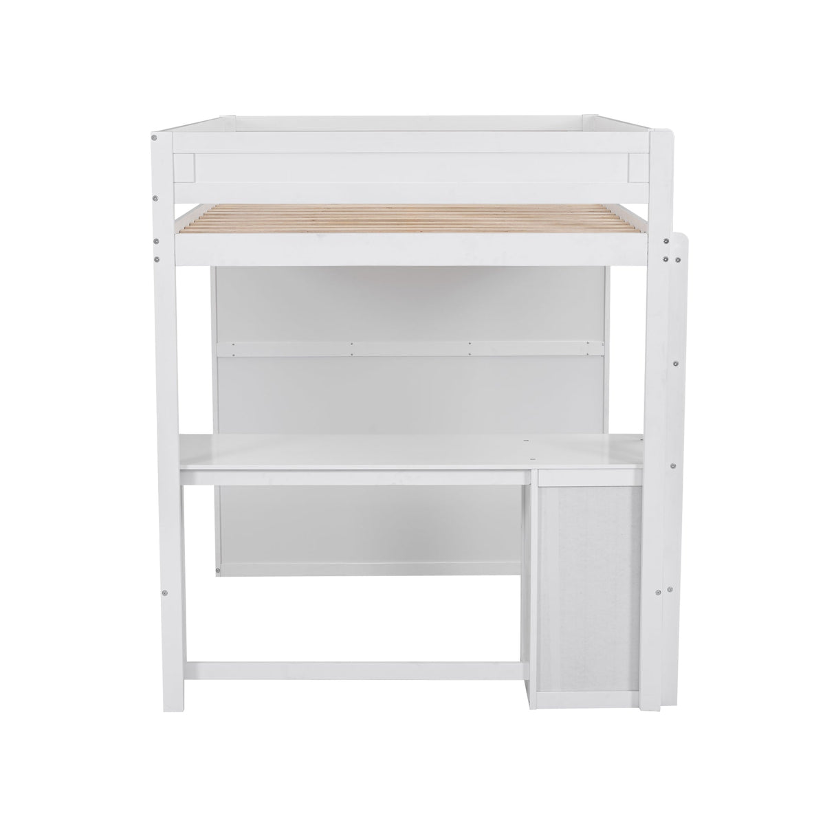 Full Size Loft Bed with Desk and Wardrobe, White Wood