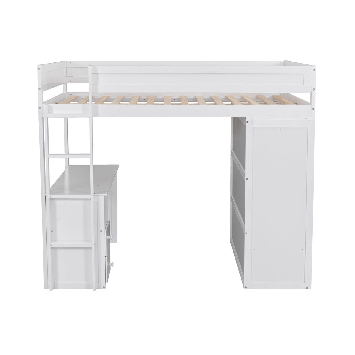 Full Size Loft Bed with Desk and Wardrobe, White Wood
