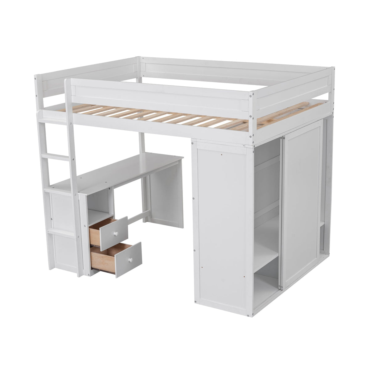 Full Size Loft Bed with Desk and Wardrobe, White Wood