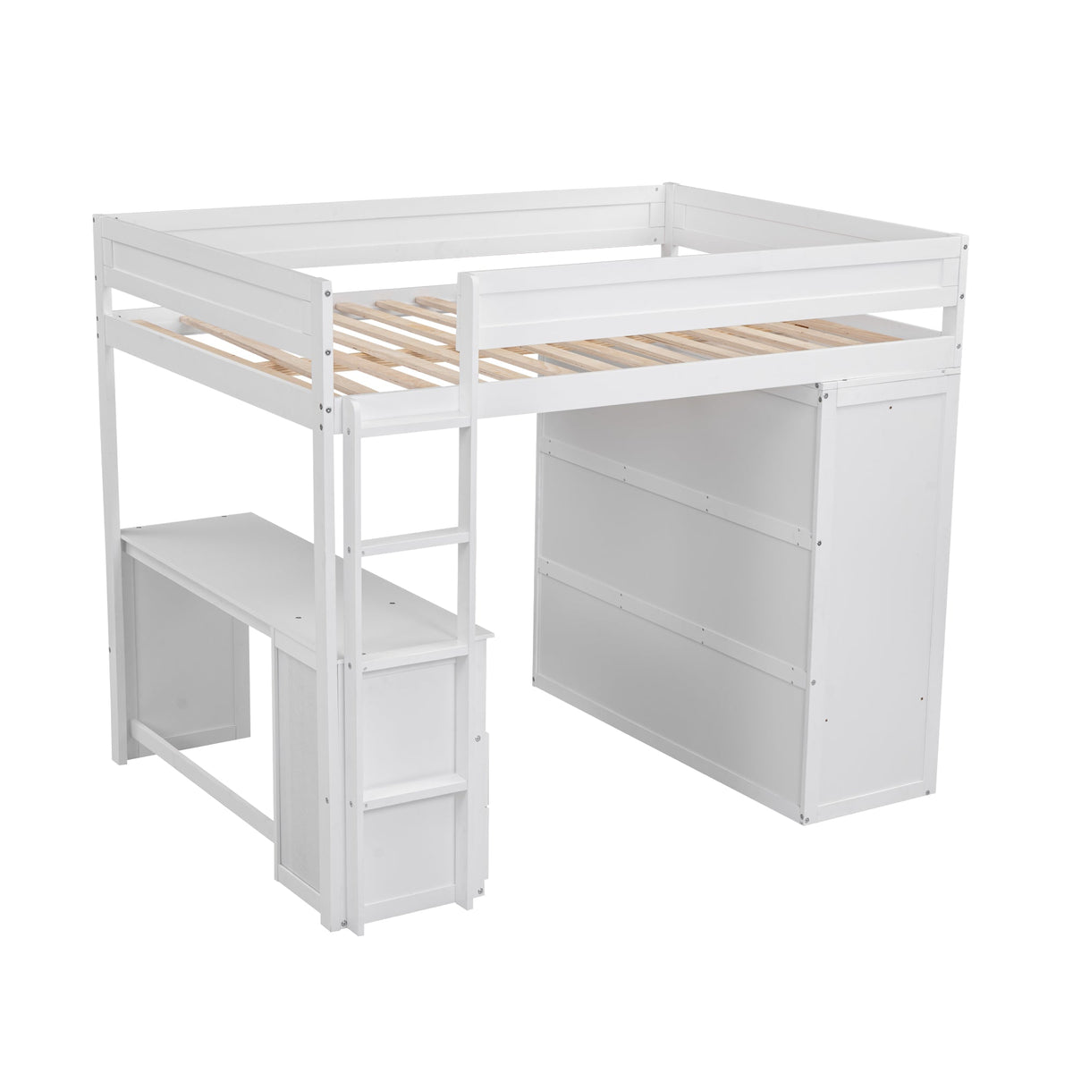 Full Size Loft Bed with Desk and Wardrobe, White Wood