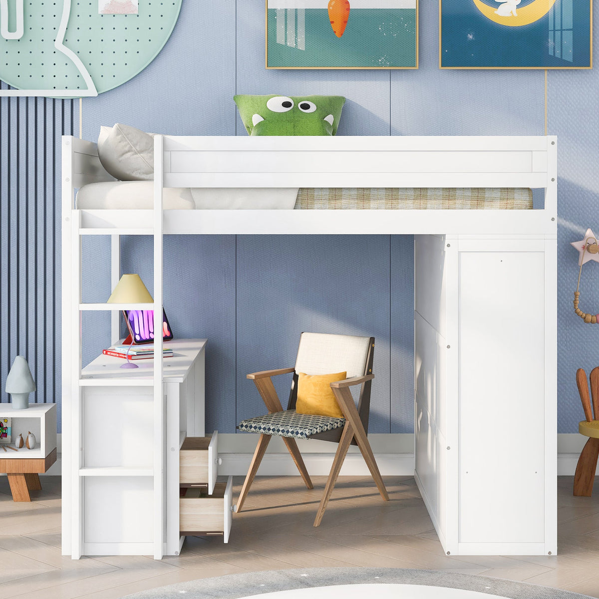 Full Size Loft Bed with Desk and Wardrobe, White Wood