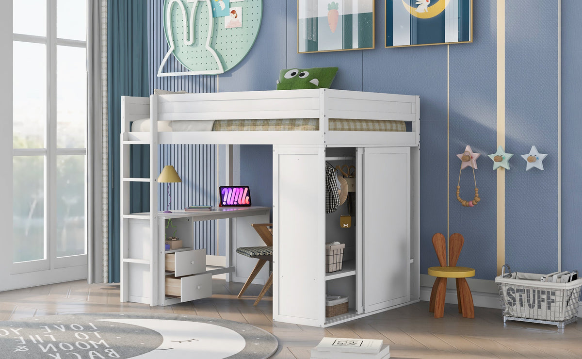 Full Size Loft Bed with Desk and Wardrobe, White Wood