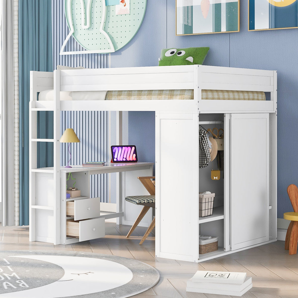 Full Size Loft Bed with Desk and Wardrobe, White Wood