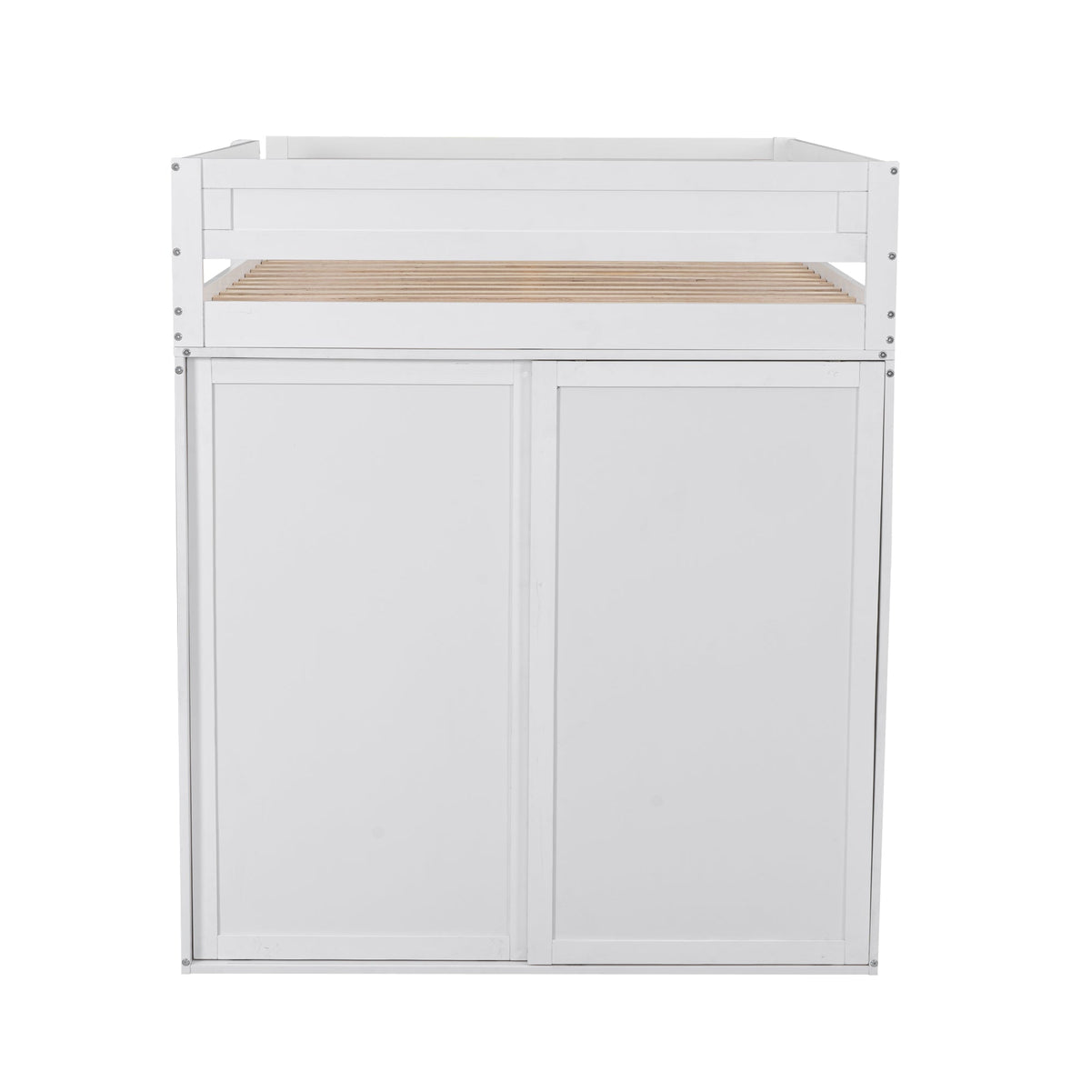 Full Size Loft Bed with Desk and Wardrobe, White Wood