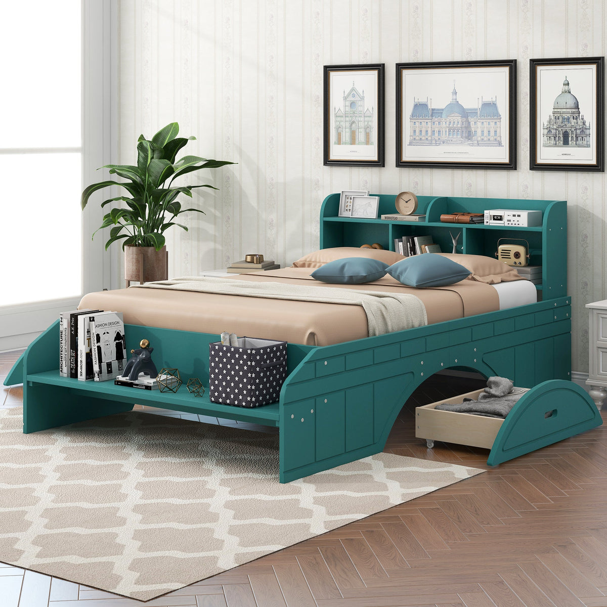 Full Size Platform Bed with Drawers & Bookshelf Headboard